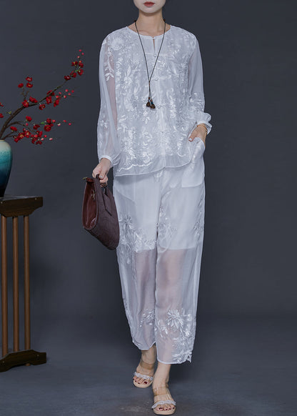 White Embroidered Silk Sets 2 Pieces Summer