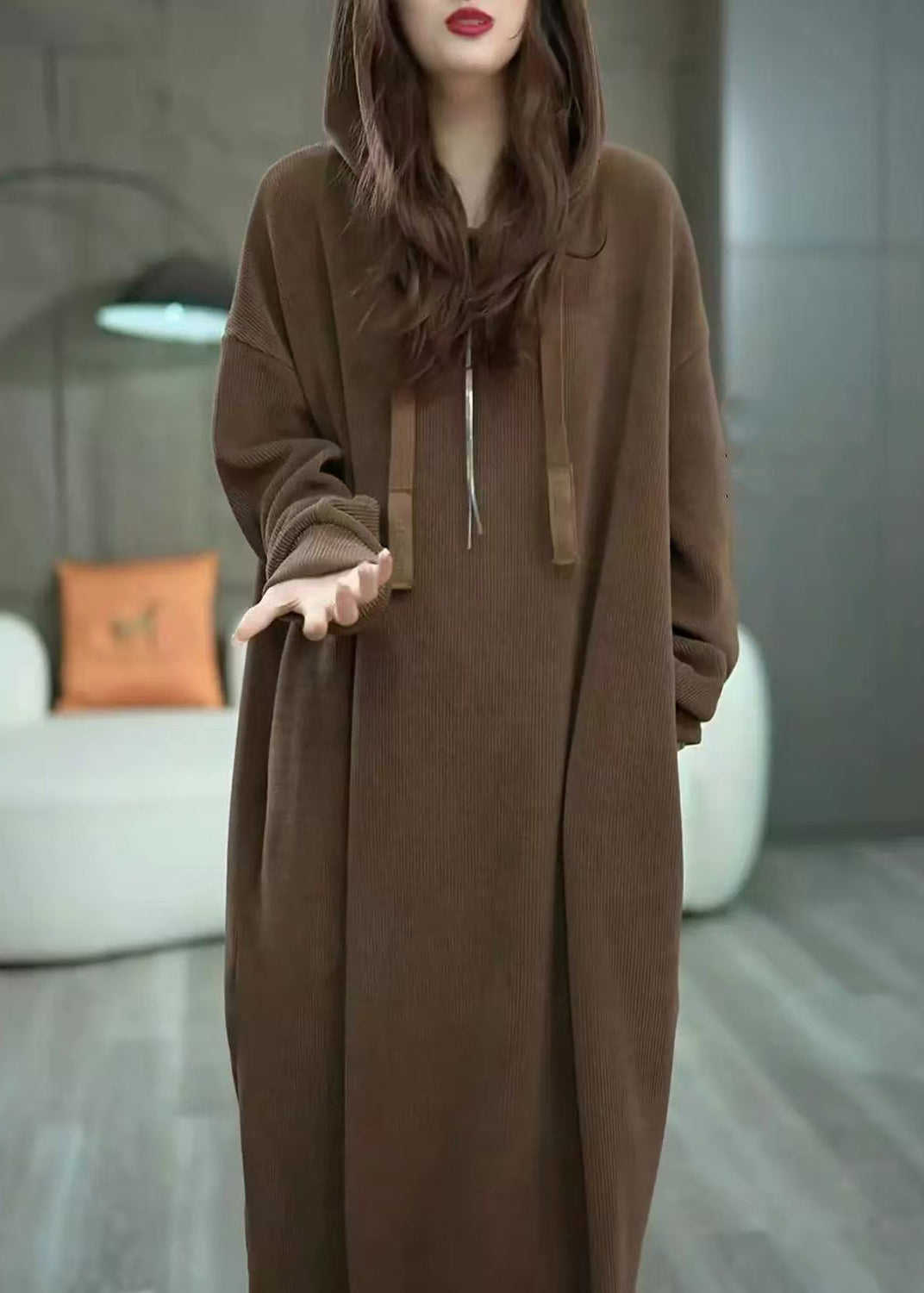 Loose Coffee Hooded Pockets Cotton Long Dress Winter