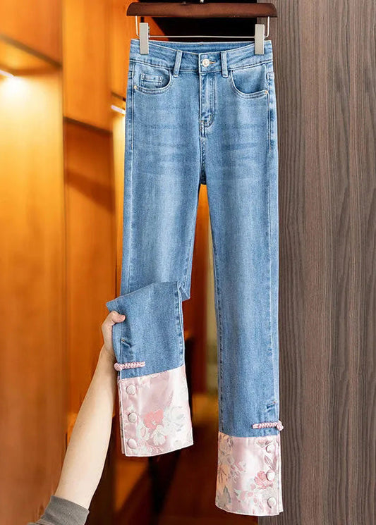Blue Patchwork Pink High Waist Straight Jeans