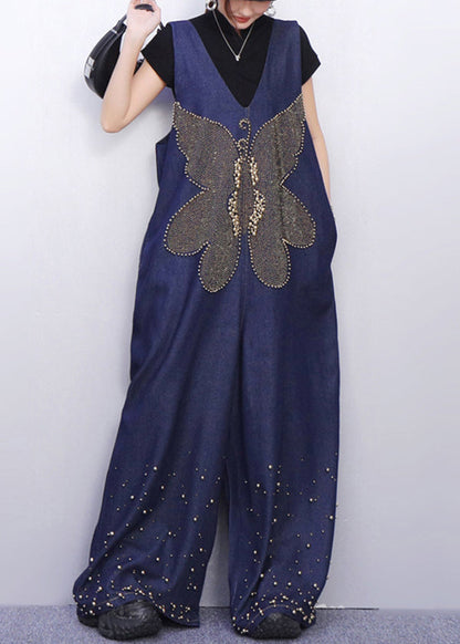 Sparkling Insect Motif Navy Denim Jumpsuits Urban Stance