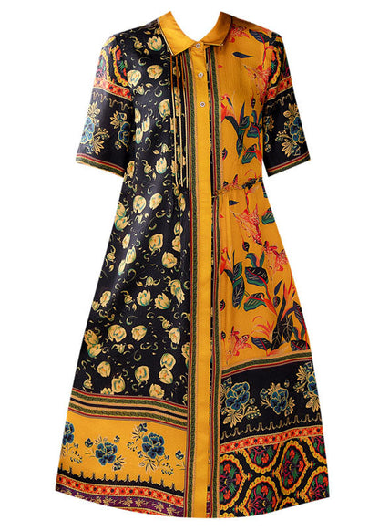 Yellow Peter Pan Collar Print Silk Shirt Dress for Short Sleeve