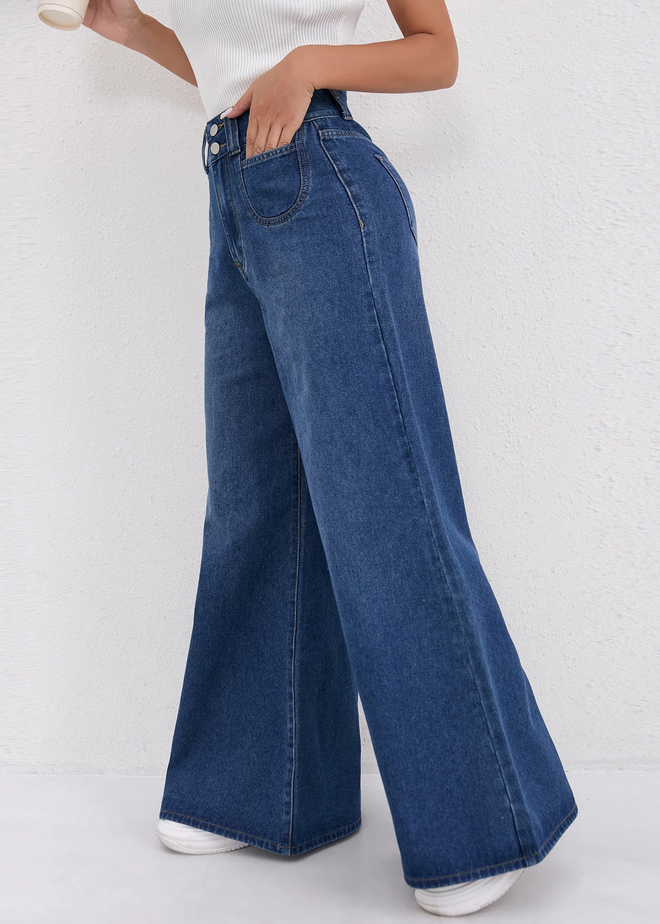 Natural Dark Blue High Waist Wide Leg Jeans Spring