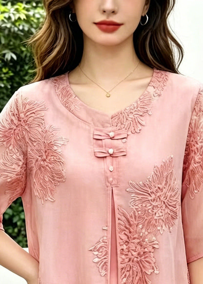 Pink Embroidered Chinese Button Silk Blouse Top Summer