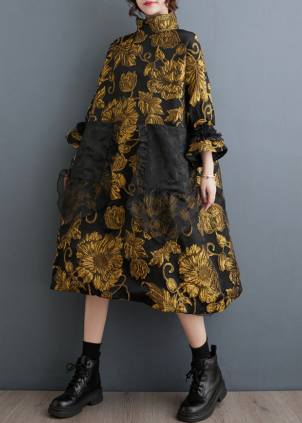 Black High Neck Jacquard Silk Holiday Dresses Spring