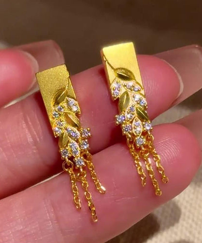 Classy Gold Sterling Silver Overgild Ear of Wheat Fallen Leaves Tassel Drop Earrings