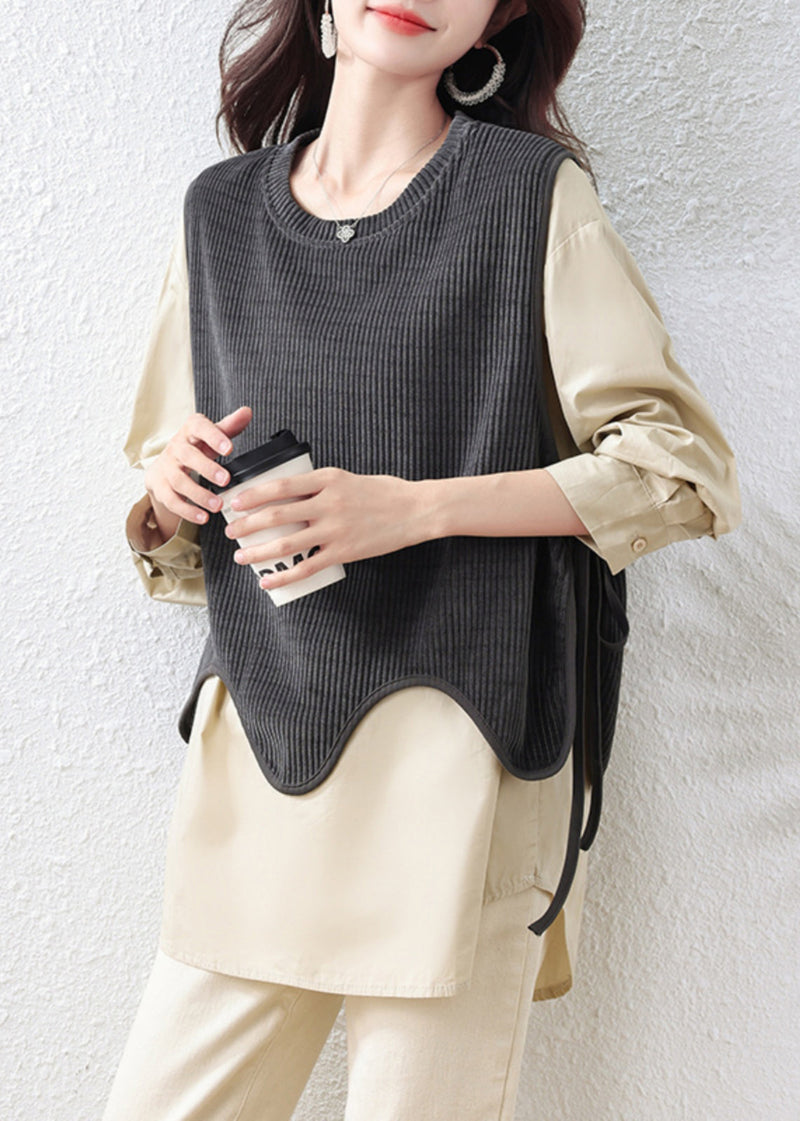 Khaki Oversized Patchwork Cotton Fake Two Piece Tops Fall