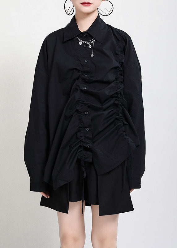 Black Peter Pan Collar Button Asymmetrical Design Drawstring Fall Shirts Long Sleeve