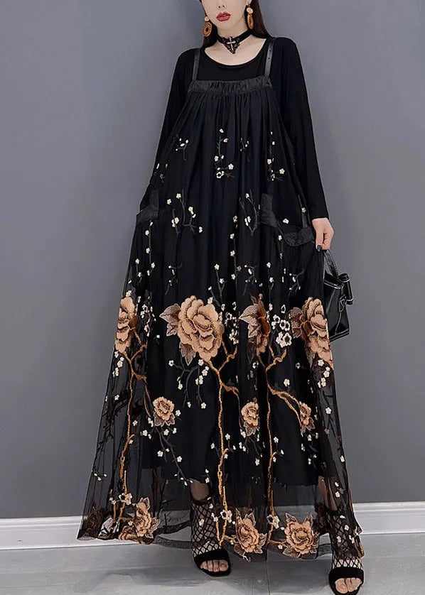 Yellow Embroideried Patchwork Tulle Spaghetti Strap Long Dress Two Piece Set Spring