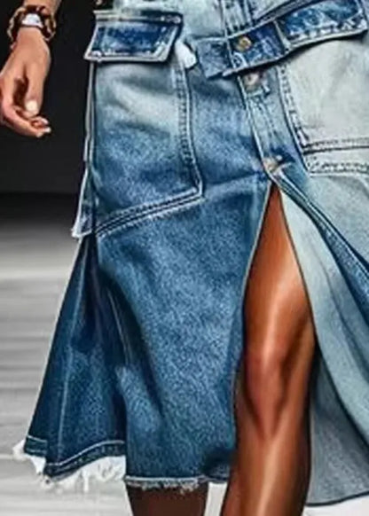 French Blue Button Pockets Front Open Denim Skirt Summer (ships in 24hrs)