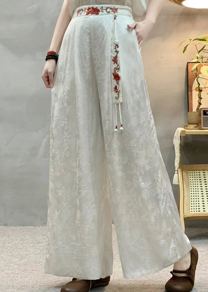 Tea Green Embroidered Jacquard Silk Pants Spring