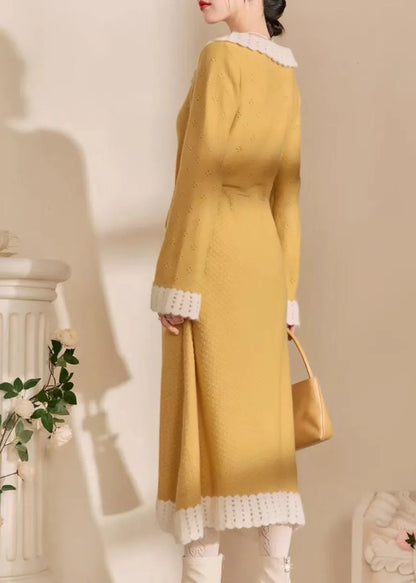 Yellow Peter Pan Collar Tie Waist Hollow Out Long Dress Fall