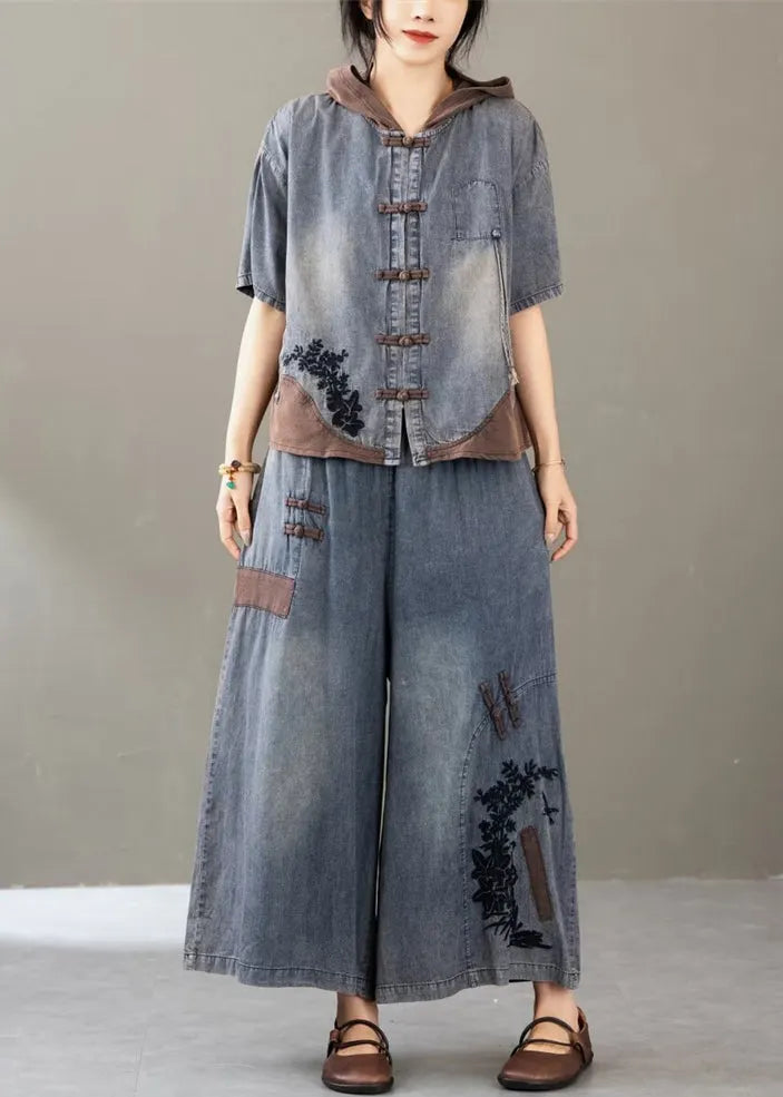 New Blue Embroidered Tops and Wide Leg Pants Two Pieces Set Summer