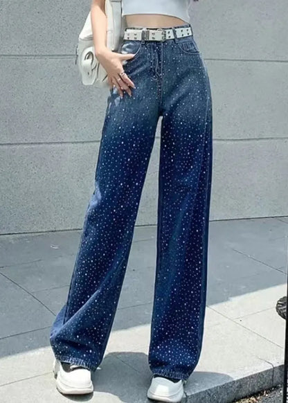 Blue Pockets Patchwork Zircon Straight Jeans