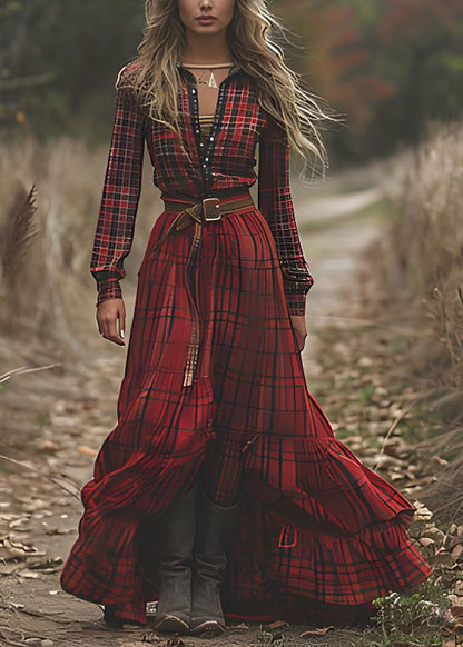 Red V Neck Plaid Patchwork Cotton Ankle Dress Spring