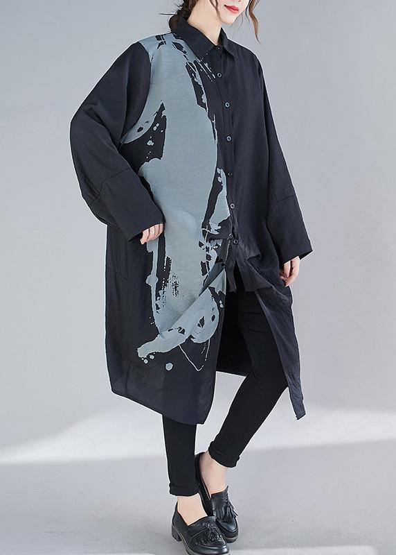 Organic Black Print Dresses Lapel Patchwork Loose Spring Dress
