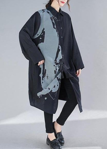 Organic Black Print Dresses Lapel Patchwork Loose Spring Dress