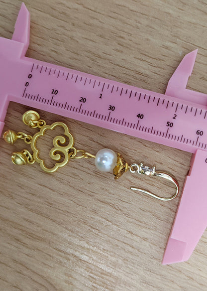 Art Small Bell Auspicious Clouds 14k Gold Pearl Drop Earrings