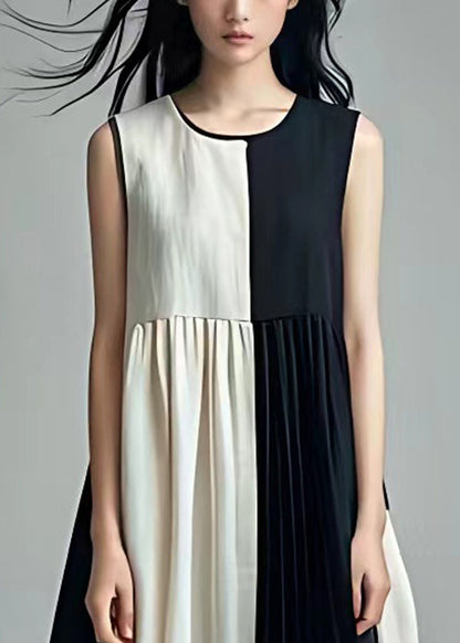 Black Wrinkled Patchwork Cotton Dresses Sleeveless