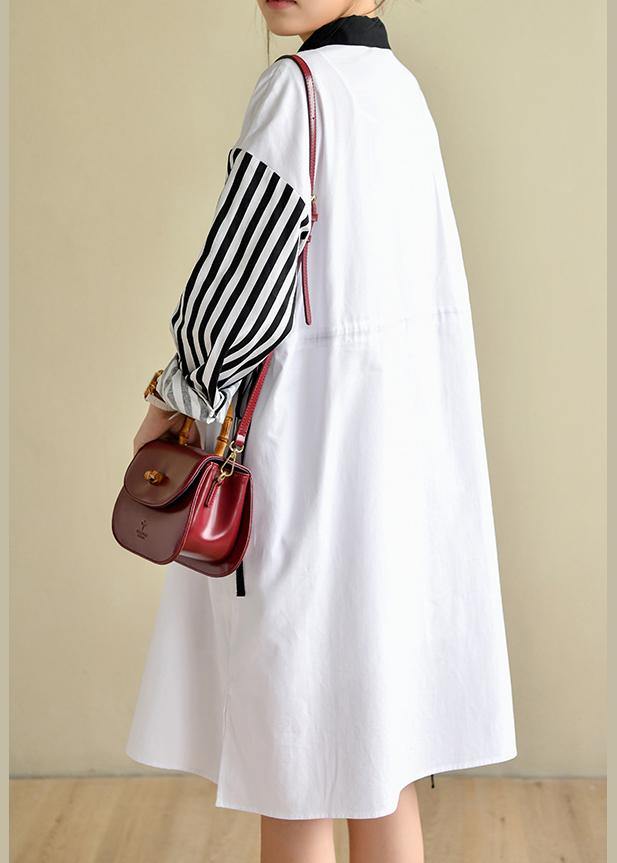 French Peter Pan Collar Striped Dresses Big Hem Cotton Dress