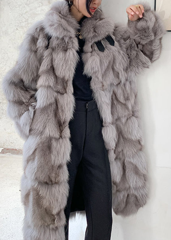Coffee Fox Collar Pockets Leather and Fur Long Coats Winter