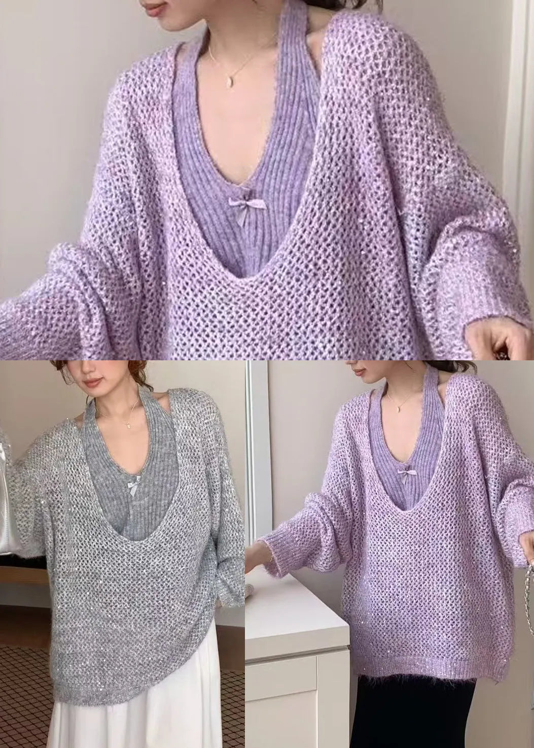 Natural Grey Oversized Halter Knit Two Piece Set Outfits Winter