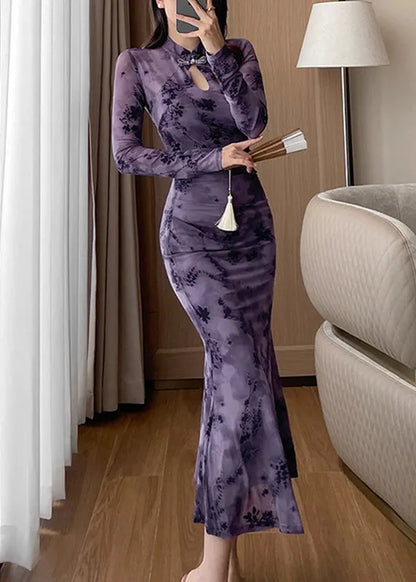 Purple Stand Collar Print Hollow Out Maxi Dress Fall