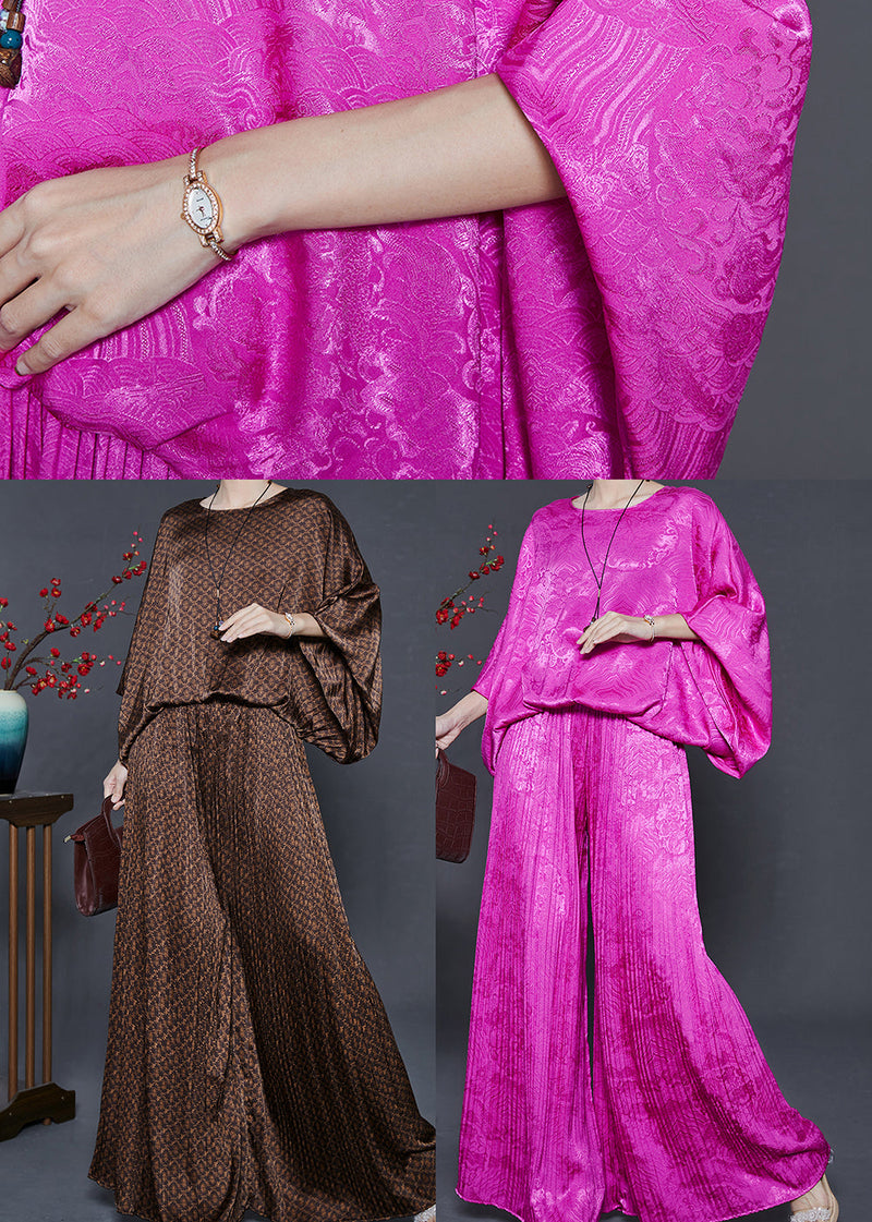 Rose Oversized Print Silk 2 Piece Outfit Batwing Sleeve