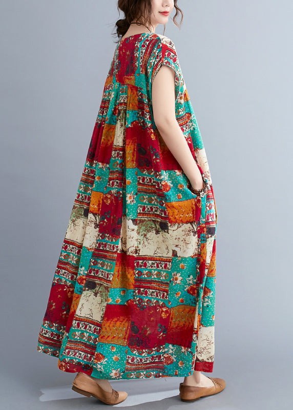 O-neck Patchwork Print Long Dresses Short Sleeve