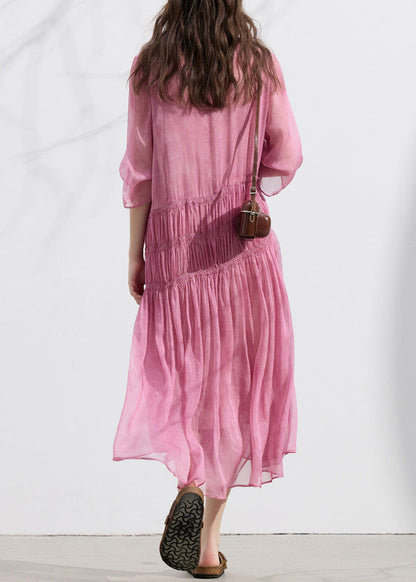 Fitted Pink O Neck Wrinkled Patchwork Silk Dresses Summer