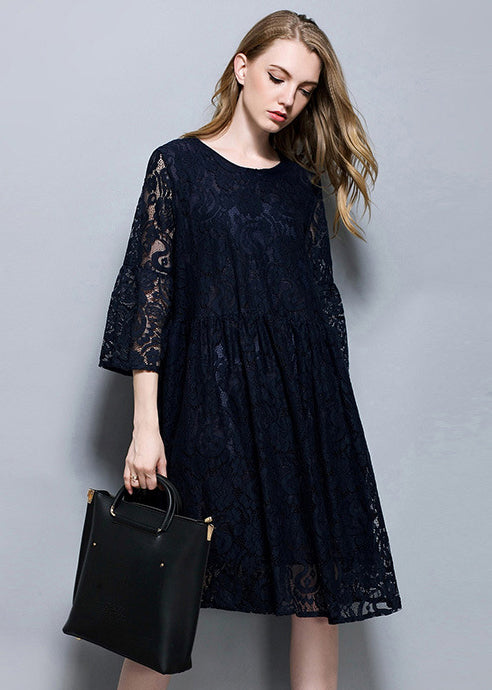 Navy Patchwork Lace a Line Dress O-neck Oversized Summer