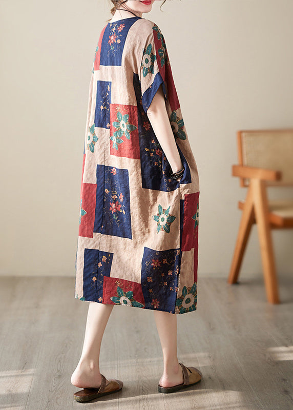 Colorblock Print Maxi Dresses Short Sleeve