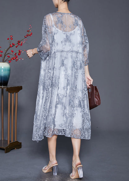 Grey Embroideried Tulle Robe Dresses Two Piece Set Summer