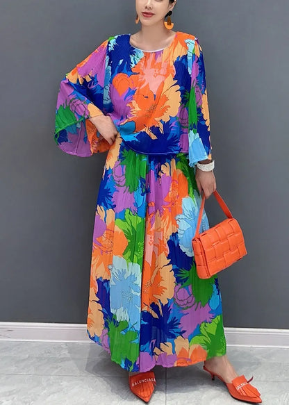 O-neck Wrinkled T Shirts and Maxi Skirts Two Pieces Set Bracelet Sleeve