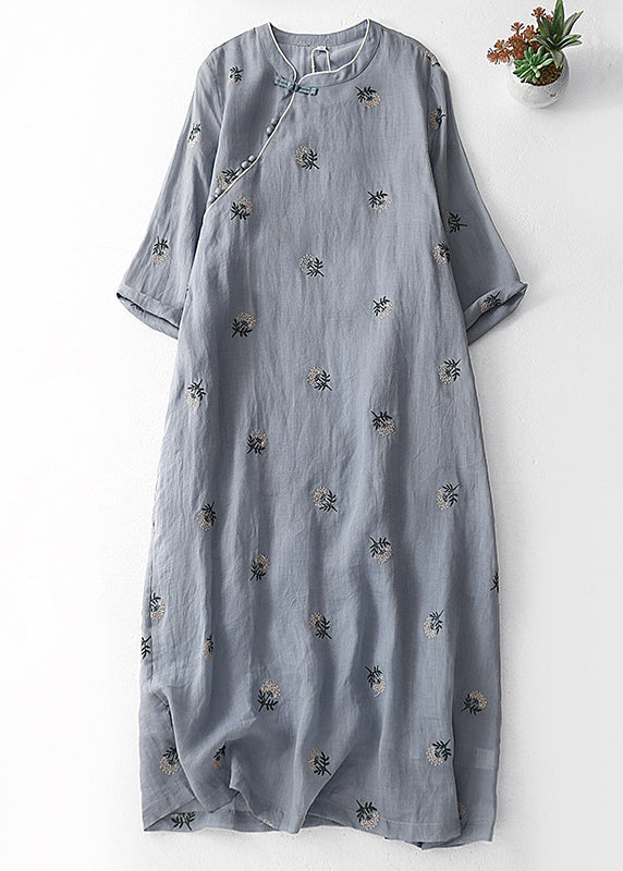 Grey Embroidered Button Cotton Dresses Half Sleeve Summer
