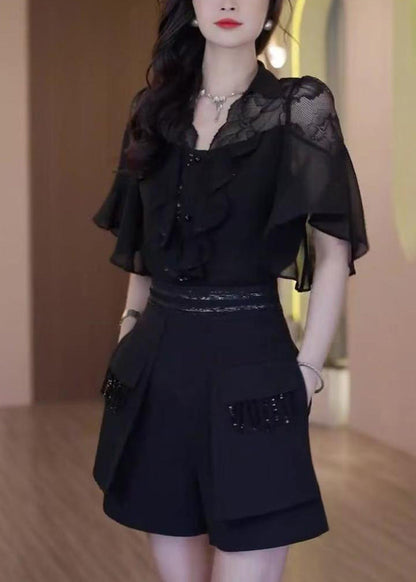 Black Ruffled Lace Patchwork Two Piece Set Outfits Summer