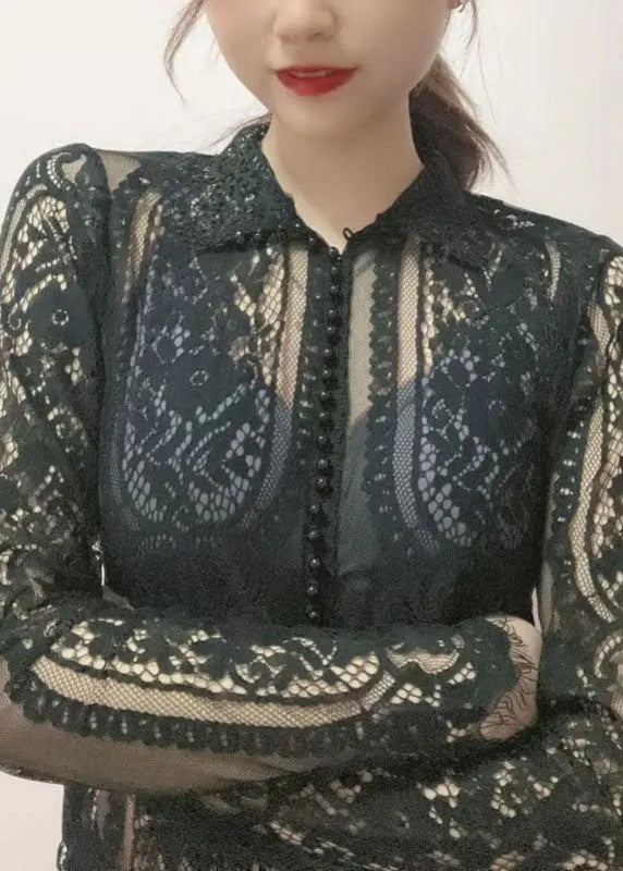 Black Hign Neck Bead Button Cotton Lace Top Fall