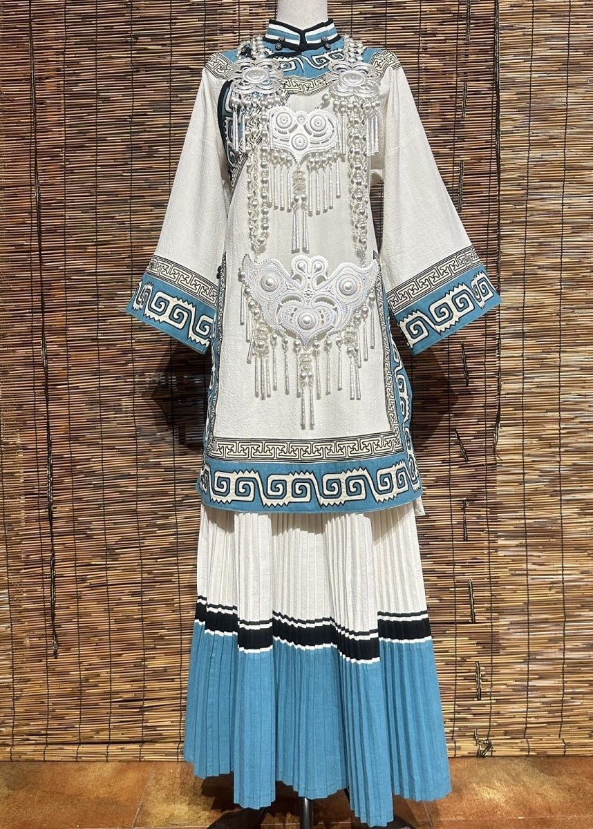 New White Embroidered Wrinkled Patchwork Tops and Skirts Linen Two Pieces Set Fall