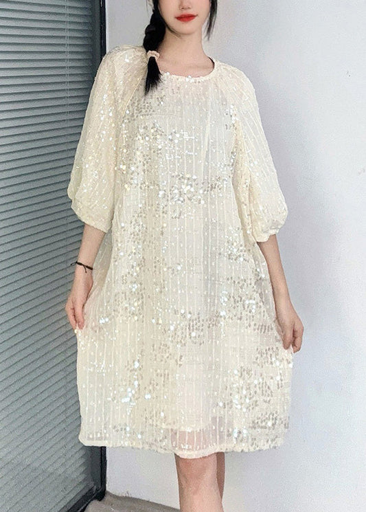 French Apricot O-neck Sequins Mid Dress Summer