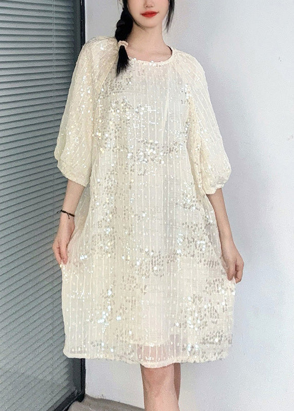 French Apricot O-neck Sequins Mid Dress Summer