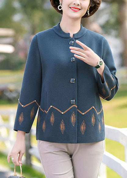 Blue O-neck Pockets Print Woolen Coats Long Sleeve