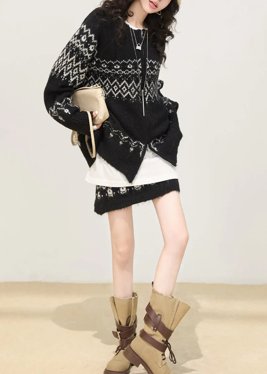 Black Oversized Print Knit Two Piece Set Clothing Spring