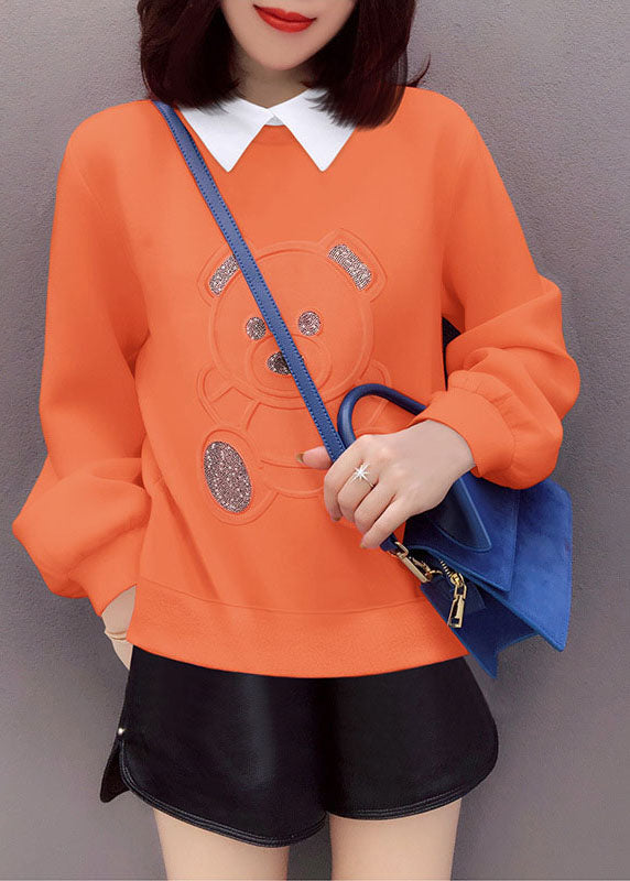 Loose Orange Peterpan Collar Print Fall Pullover Street Wear