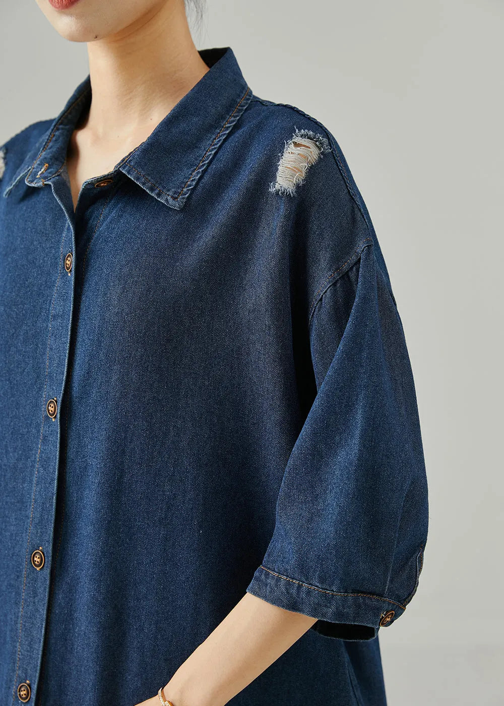 Navy Oversized Patchwork Denim Ripped Dresses Summer