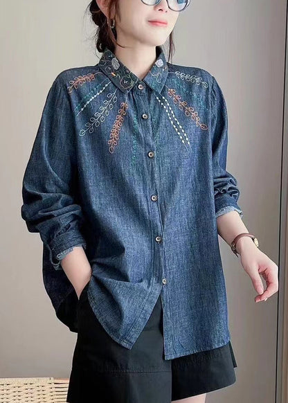 Denim Blue Peter Pan Collar Embroidered Button Shirt Long Sleeve