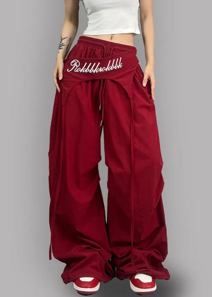 Modern Red Asymmetrical Elastic Waist Cotton Pants Fall