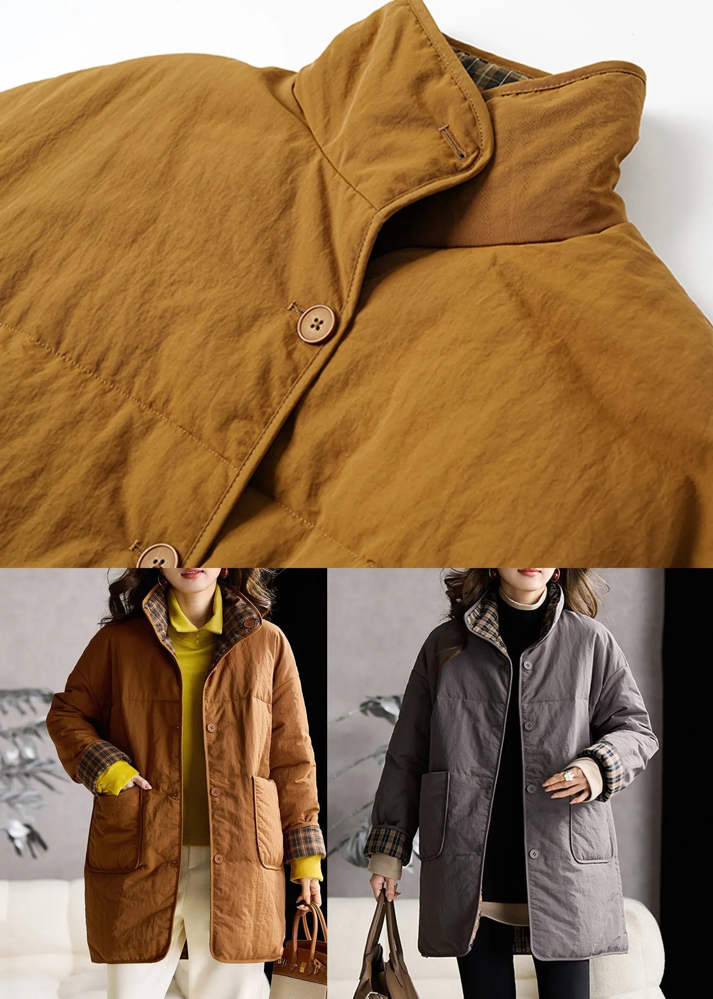 Grey Pockets Fine Cotton Filled Puffers Coat Stand Collar Winter