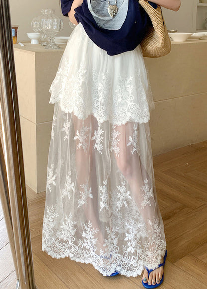 Art White Lace Patchwork Elastic Waist Tulle Skirt Summer