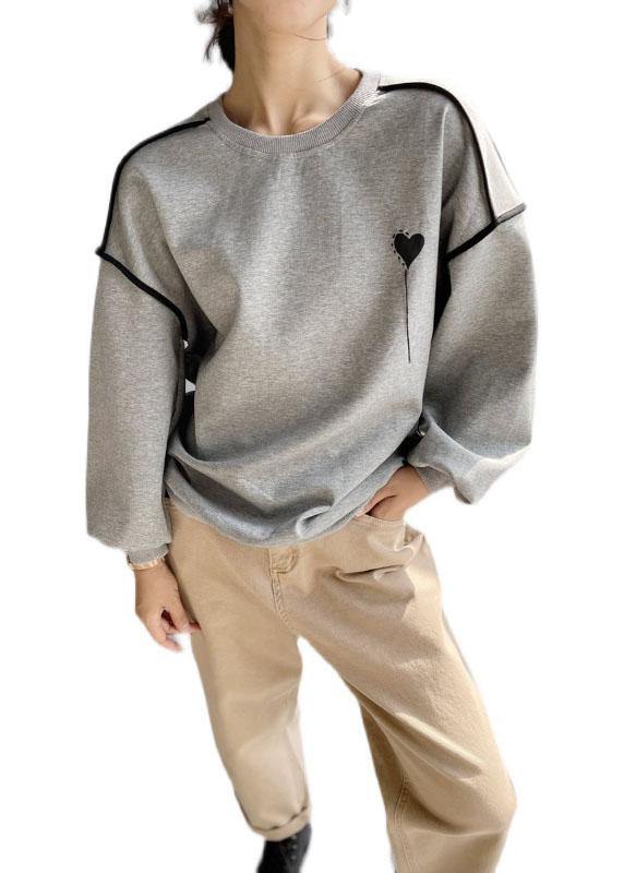 Grey Loose Embroideried Patchwork Fall Sweatshirt Street Wear