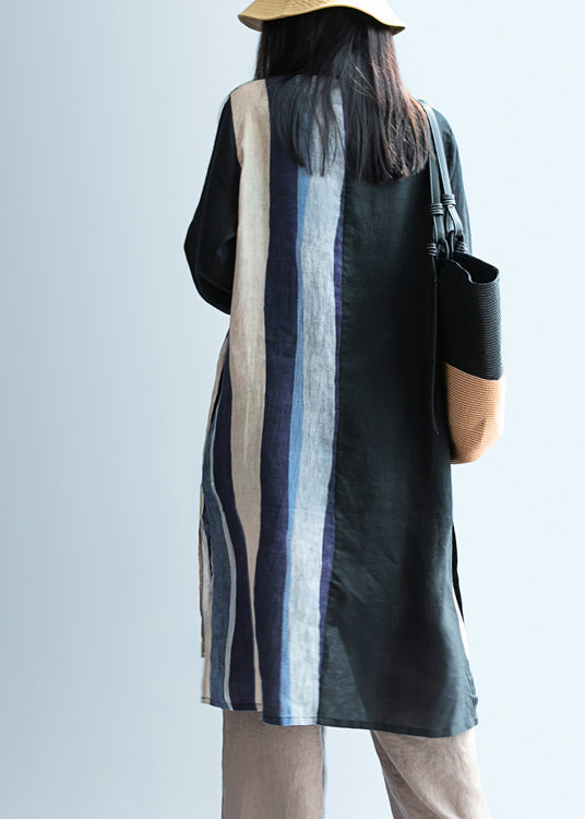 Black Low High Design Striped Linen Long Shirt Spring