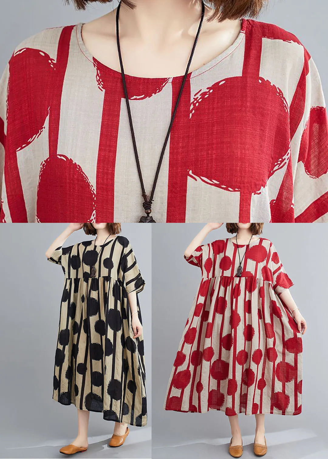 Red Oversized Print Cotton Vacation Dress Summer